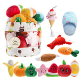 Nocciola front pack shot showing 12 plush squeaky toys and bag, convenient storage