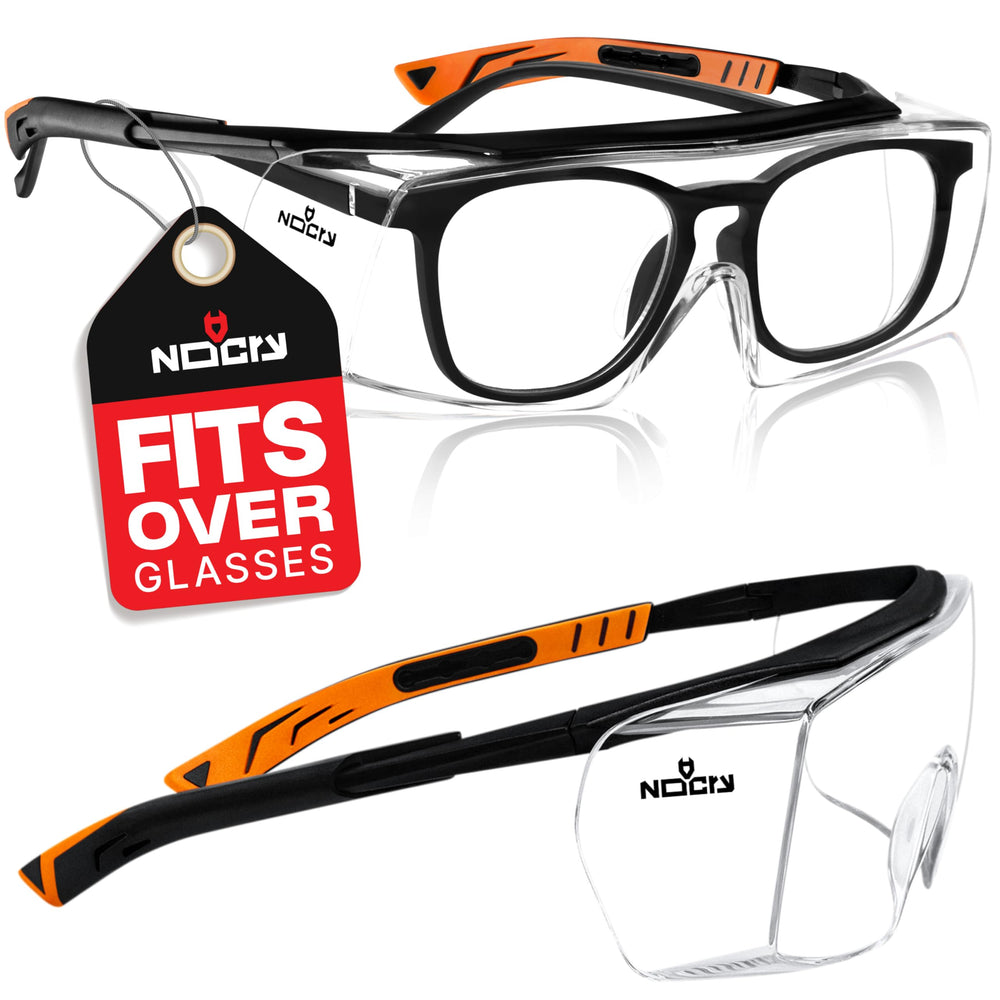NoCry front view over-glasses showing full wraparound protection and clear sight