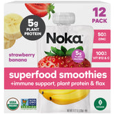 NOKA front-facing 12-pack displaying Strawberry Banana pouches and branding benefit convenience