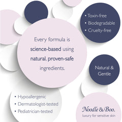 Noodle & Boo bottle beside hand showing 16 fl oz scale and portability