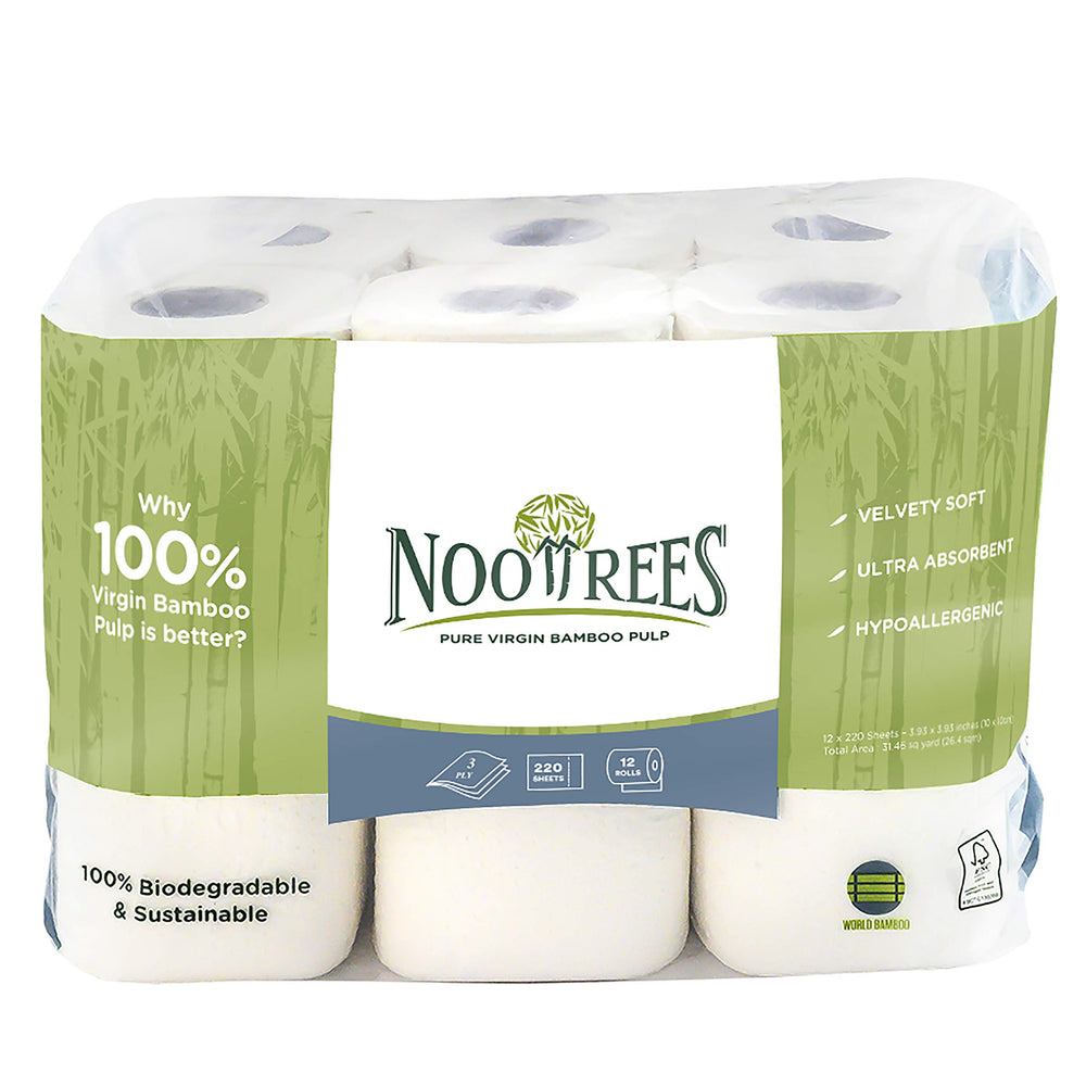 NooTrees front packaging showing eco-friendly 12-roll pack and benefits