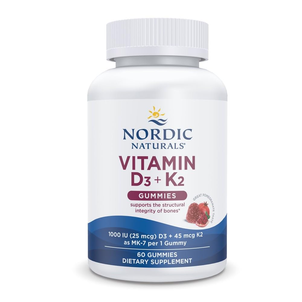 Nordic Naturals front packaging of Vitamin D3+K2 gummies showing pomegranate label and count
