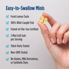 Nordic Naturals softgels beside a lemon slice showing pleasant lemon flavor benefit