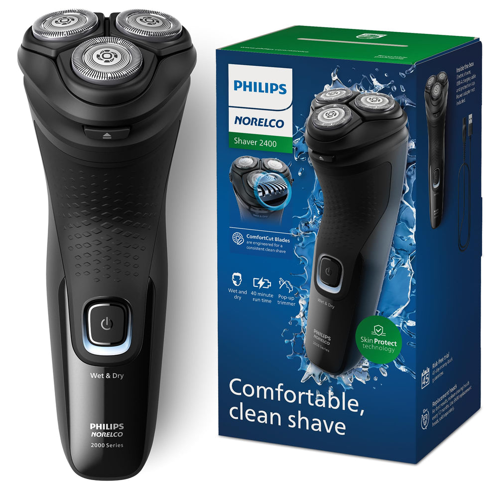 Norelco 2400 front view showing deep black finish and ergonomic grip benefit quick handling