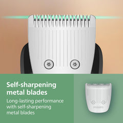 Norelco 7000 full metal blade detail highlighting self-sharpening durability