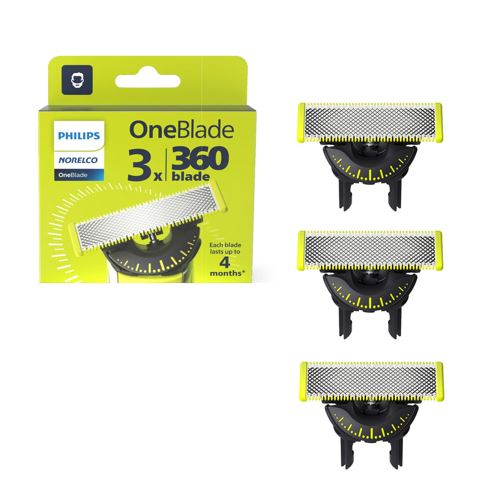 Norelco OneBlade front packaging showing three replacement blades and clear branding for easy purchase