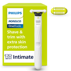 Philips Norelco OneBlade Intimate front view showing compact design and easy grip benefit