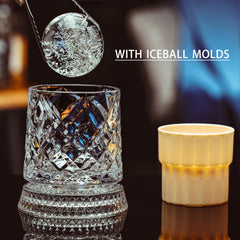 NORIMODA glass in use with ice sphere demonstrating slow-melt chilling benefit