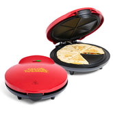 Nostalgia front view of red quesadilla maker showing compact design and quick results