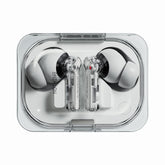 Nothing Ear (a) front view showing clean white finish and compact case, highlighting portability