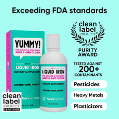 NovaFerrum dosing cap close-up with measured dose visible, brand ensures accurate dosing