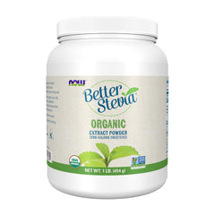NOW BetterStevia front packaging showing organic label and benefits