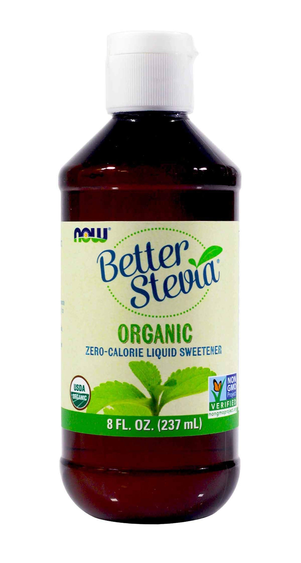 NOW Foods bottle front view showing BetterStevia flip-top cap and clean organic label for convenient sweetening