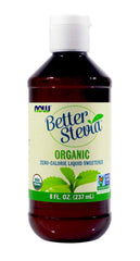 NOW Foods bottle front view showing BetterStevia flip-top cap and clean organic label for convenient sweetening