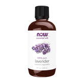 NOW lavender essential oil front label showing product identity and volume benefit