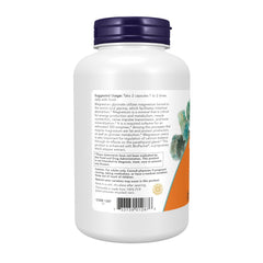NOW magnesium glycinate bottle open with capsules visible for portioning