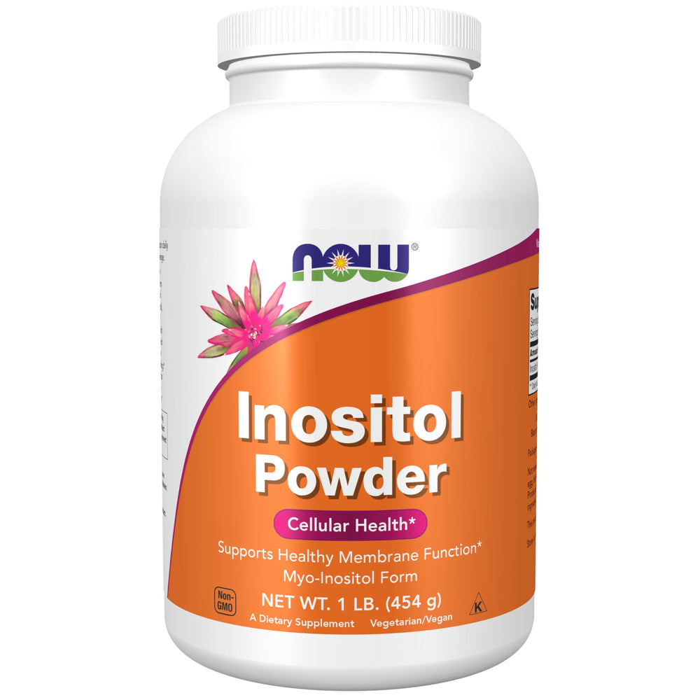 NOW myo-inositol front packaging showing bottle and powder for clear identity and use