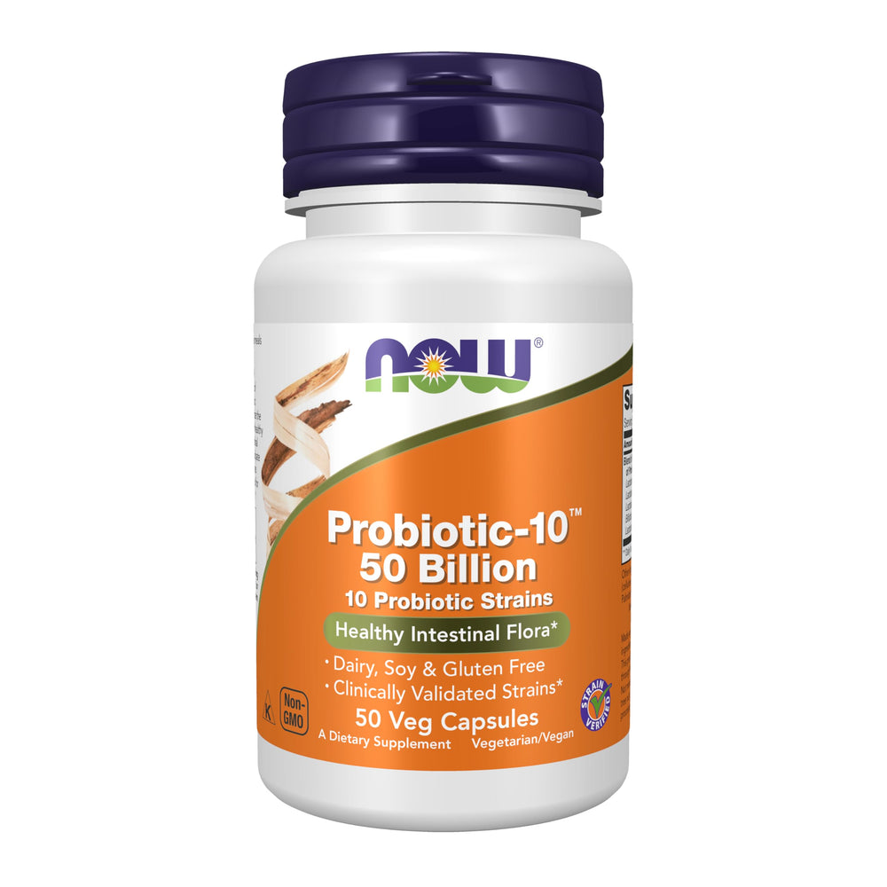 NOW Probiotic-10 front packaging showing product and potency benefit
