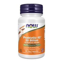 NOW Probiotic-10 front packaging showing product and potency benefit