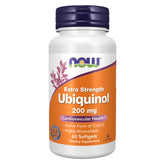NOW ubiquinol front packaging showing bottle and 60 softgels, clear product info benefit