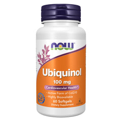 NOW ubiquinol front packaging showing bottle and softgels for daily energy support