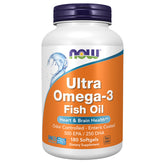 NOW Ultra Omega-3 front label showing 180 softgels and key benefits