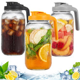 NOXKECION front view of three glass pitchers showing capacity and lid benefits