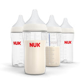 NUK front packaging showing four 8 oz bottles and benefits