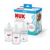 NUK Perfect Match glass bottle front view showing ergonomic shape and 4 oz capacity for easy handling