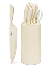 NULAS front view of entire cream 8-piece knife set showing neat storage