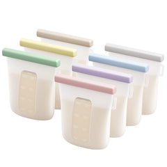 Nuliie front view of seven reusable silicone breastmilk bags showing packaging and benefits