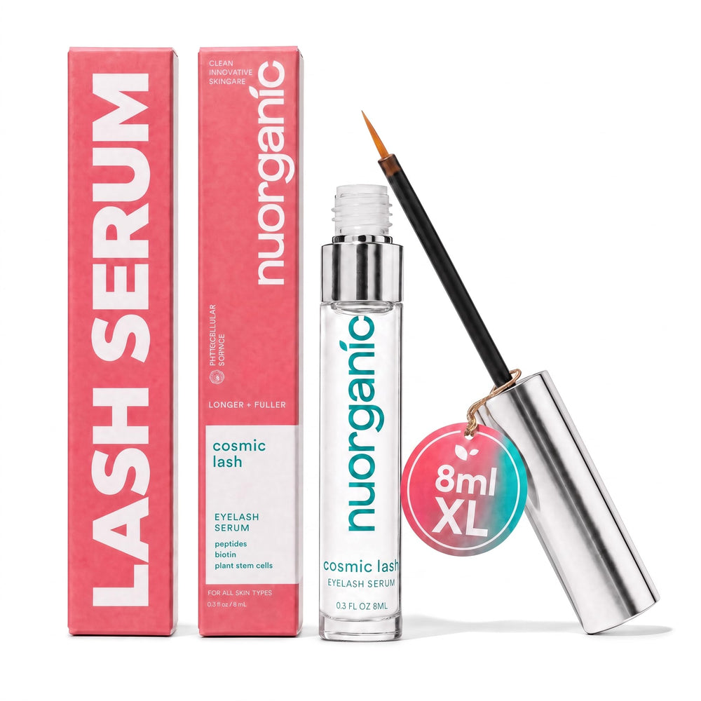 NuOrganic Cosmic Lash front packaging showing bottle and box, clear product benefit
