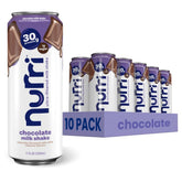 nurri front can showing chocolate shake and protein claim, convenient ready-to-drink