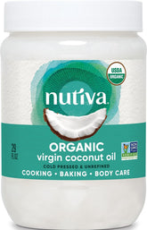 Nutiva front label jar showing organic branding and size benefit