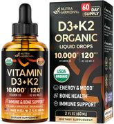 NUTRAHARMONY front bottle view highlighting organic drops and clear benefits