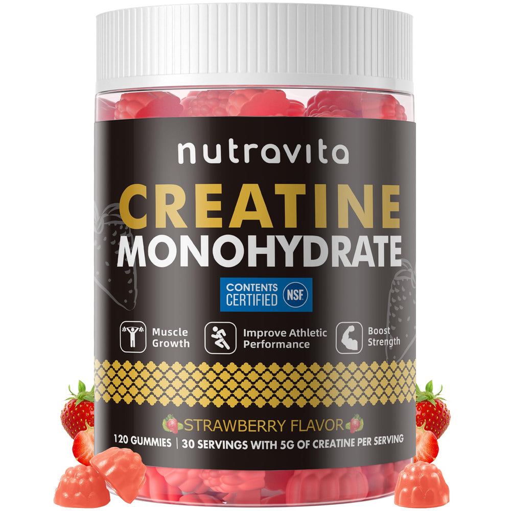 Nutravita front packaging showing creatine gummy bottle and benefits