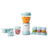 NutriBullet Baby front view of full white and blue kit showing organized components and convenience