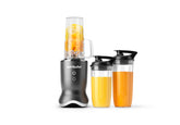 NutriBullet Ultra front view showing compact gray base and cups for efficient counter use