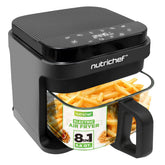 NutriChef air fryer front view showing compact stainless steel design and benefits