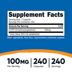 Close-up of Nutricost 5-HTP vegetarian capsule texture highlighting easy-to-swallow size and quality