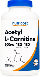 Nutricost ALCAR front packaging showing bottle and label benefits
