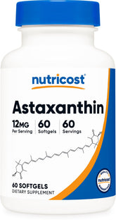 Nutricost bottle front label showing astaxanthin 12mg and 60 softgels benefits