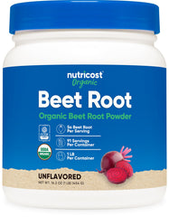 Nutricost front packaging showing 1 lb organic beet root powder for clean-label use