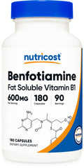 Nutricost bottle front view showing benfotiamine supplement and clear labeling benefit