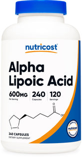 Nutricost bottle front showing alpha lipoic acid 600mg benefits
