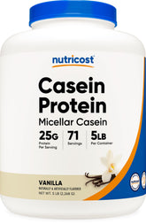 Nutricost front packaging showing 5 lb tub and vanilla label for clear identification and convenience