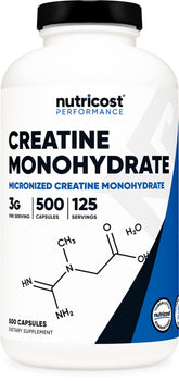 Nutricost bottle front label showing micronized creatine and serving size benefit