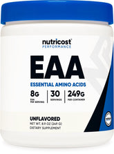 Nutricost front label showing unflavored EAA powder and serving info