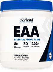 Nutricost front label showing unflavored EAA powder and serving info