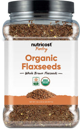 Nutricost front packaging showing 2-pound organic flaxseeds and pantry-ready convenience